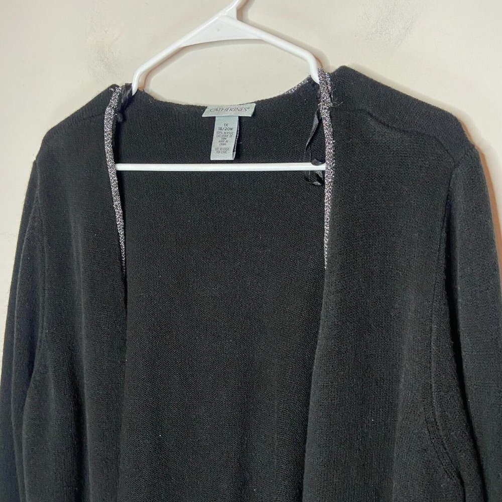 Catherines Women Plus 1X Open Front Cardigan Sweater Black Metallic Trim Knit - Picture 2 of 8